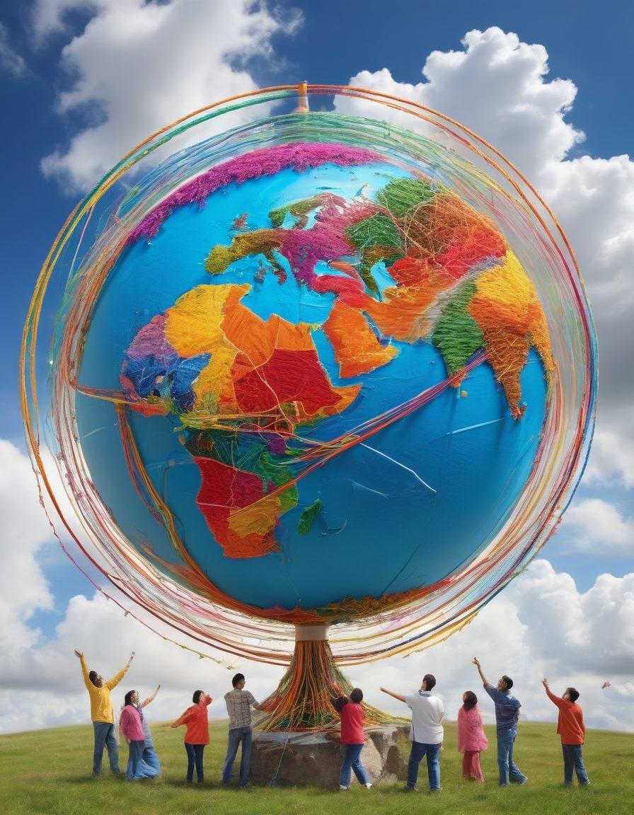 A vibrant globe interconnected with colorful threads representing various local networks, symbolizing collaboration and unity. Surrounding the globe, joyful people of diverse backgrounds sharing warm smiles, reaching out to each other across continents. The background features soft clouds and a bright blue sky to enhance a feeling of bliss and elation. super-realistic. vibrant colors. soft focus.
