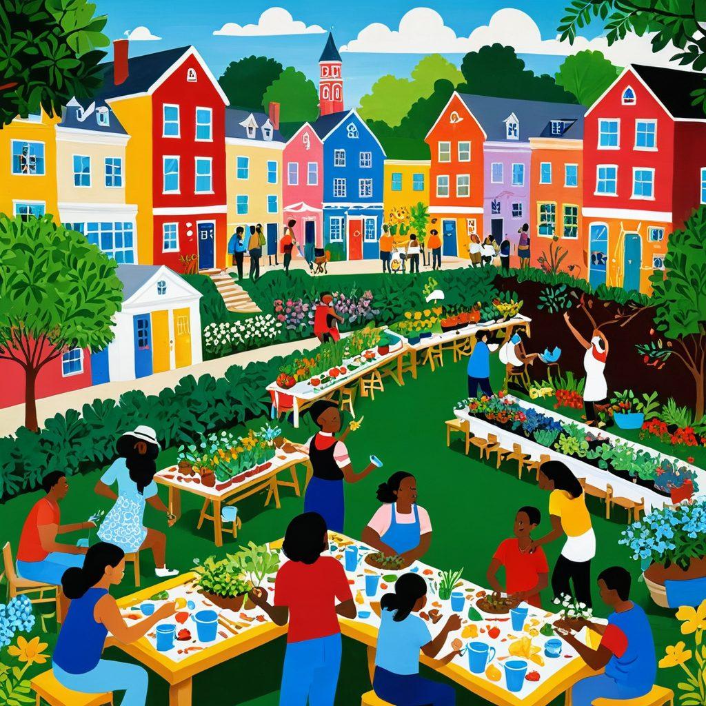 A vibrant scene of diverse community members engaging in joyful activities, such as gardening, painting murals, and sharing meals, with warm smiles and collaborative spirit. Highlight a backdrop of colorful buildings and greenery, symbolizing connection and harmony. Include elements like hands joined together and heart symbols, representing partnership and universal happiness. bright colors. illustration style.