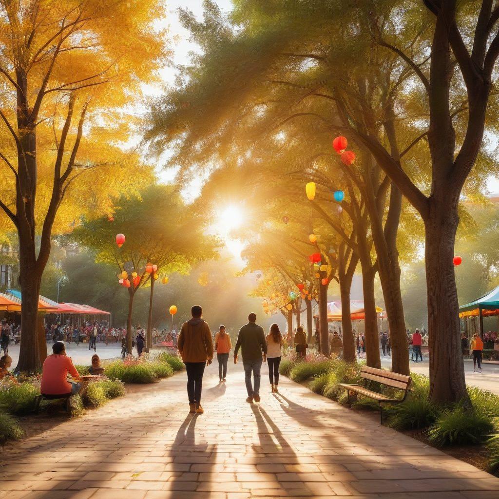 A vibrant community gathering in a sunny park, diverse people of all ages sharing laughter and joy, surrounded by trees decorated with colorful lanterns, showcasing acts of kindness and connection, with a backdrop of an urban skyline representing global connection. super-realistic. vibrant colors. warm sunlight.